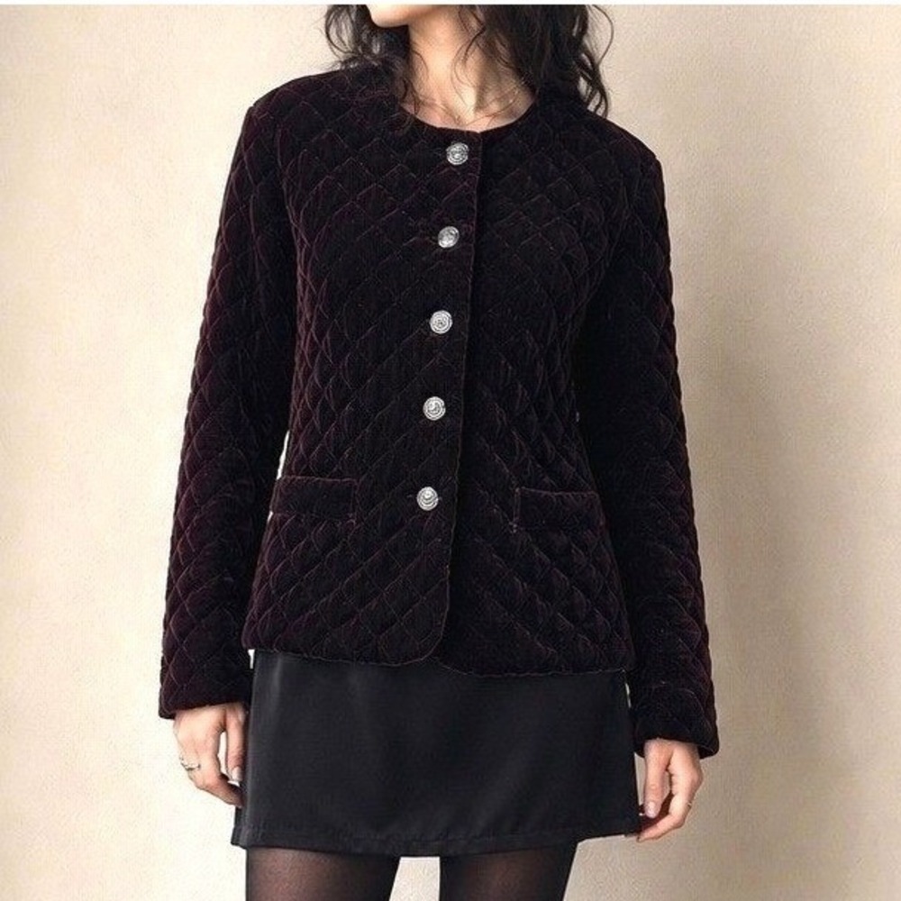 VTG Burgundy‎ Black Quilted Velvet Jacket M Whimsigoth Dark Romantic USA 80s